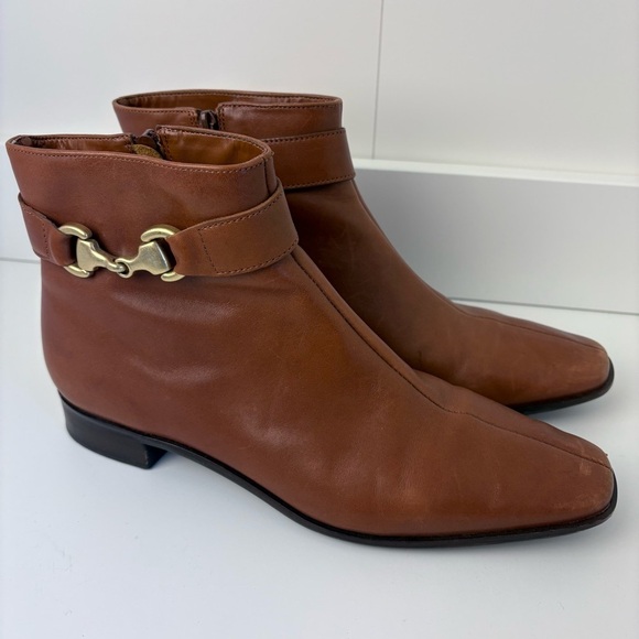 Talbots Brown Leather Ankle Boots with Gold Buckle Accent - Picture 3 of 8